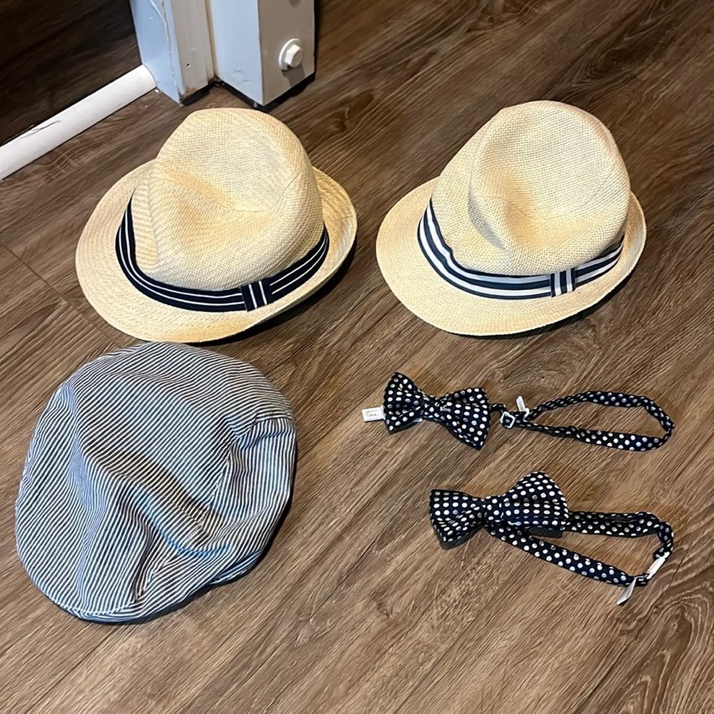 Straw hats, clip on bow ties boys